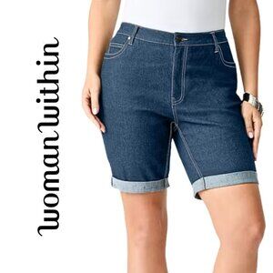 Woman Within, Bermuda Cuffed Denim Jean Shorts, Blue, Medium Wash